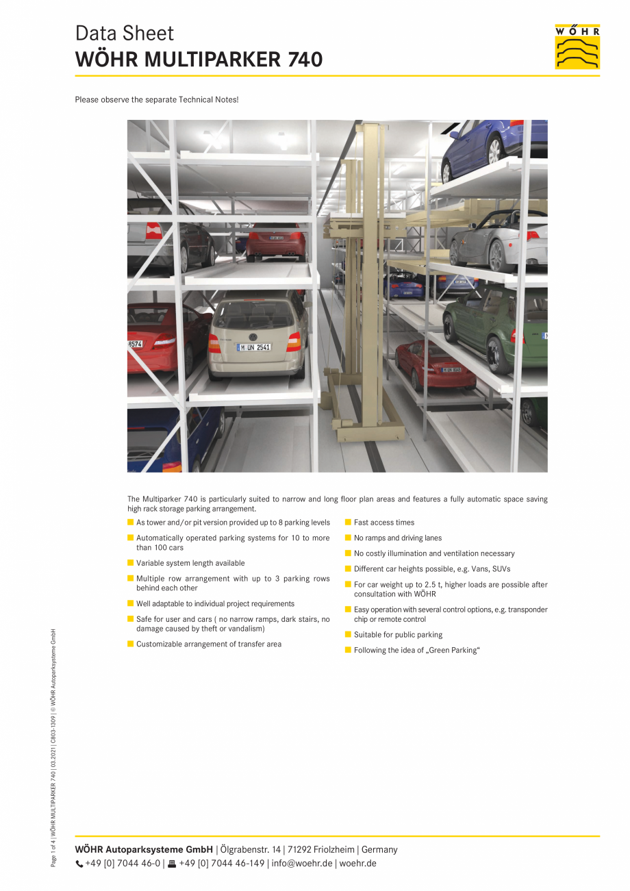 Pagina 1-Sistem de parcare automat Multiparker WÖHR MULTIPARKER 740 Fisa tehnica Engleza Data Sheet...