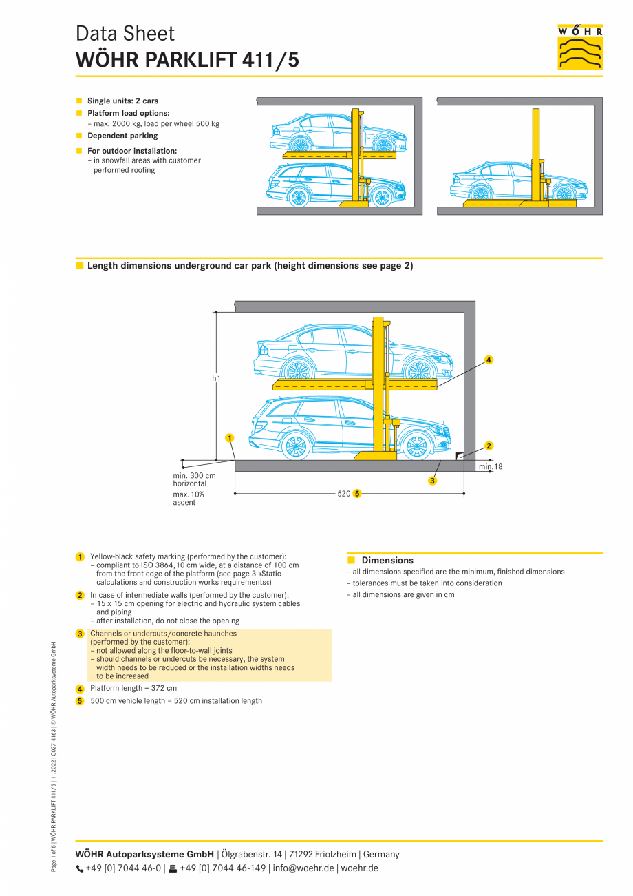 Pagina 1-Sistem mecanic de parcare WÖHR PARKLIFT 411 Fisa tehnica Engleza Data Sheet
WÖHR PARKLIFT...