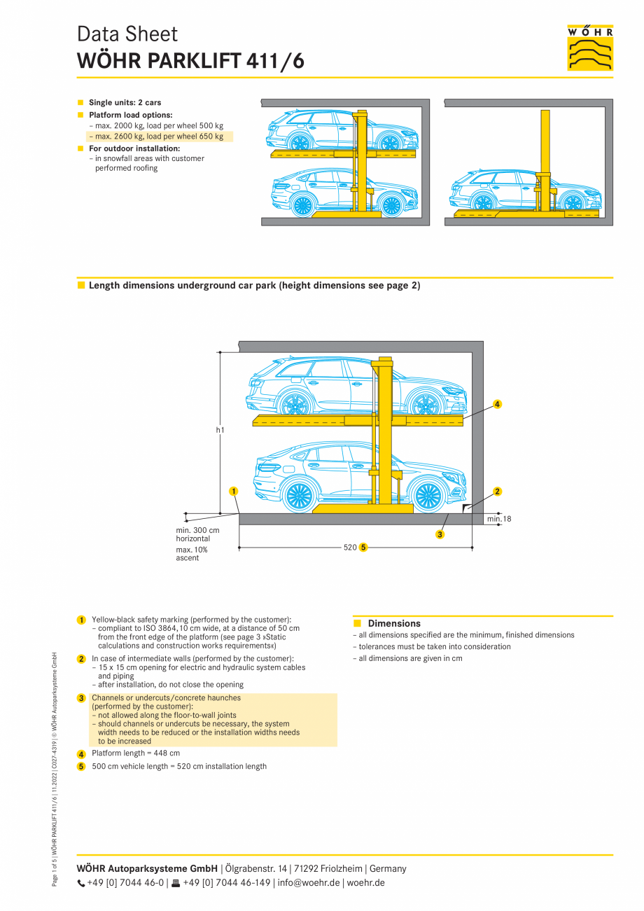 Pagina 1 - Sistem mecanic de parcare WÖHR PARKLIFT 411 Fisa tehnica Engleza Data Sheet
WÖHR...