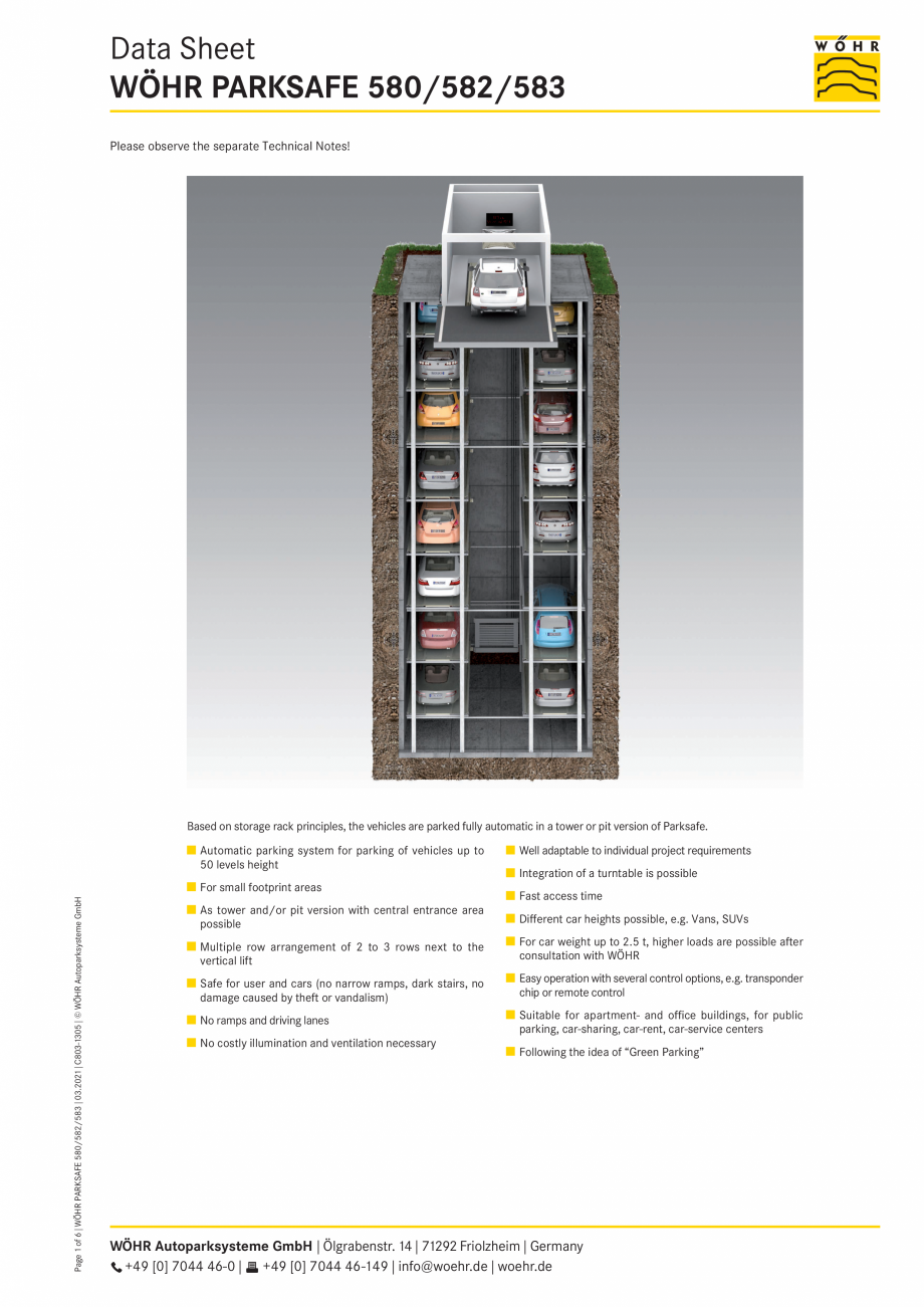 Pagina 1-Sistem de parcare automat Parksafe WÖHR PARKSAFE 580, PARKSAFE 582, PARKSAFE 583 Fisa tehnica...