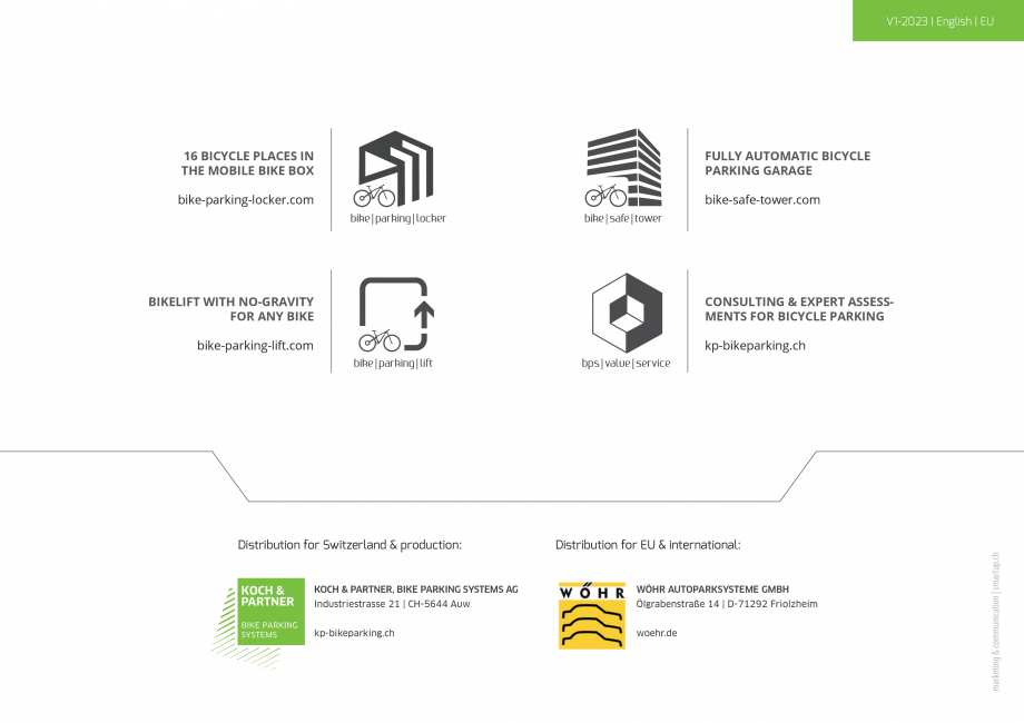 Pagina 8-Brosura sistem de parcare biciclete WÖHR Bike-Parking-Lift® Catalog, brosura Engleza 109

0...