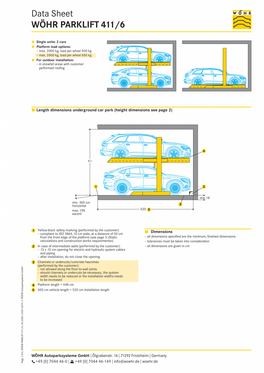 Pagina 1-Sistem mecanic de parcare W&Ouml;HR PARKLIFT 411 Fisa tehnica Engleza Data Sheet
WÖHR PARKLIFT...