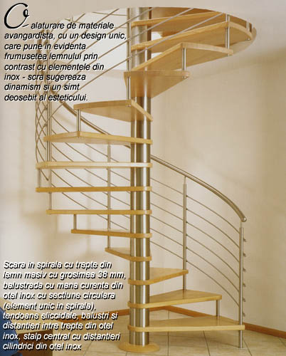 Scara in spirala cu trepte din lemn masiv si balustrada din inox INOX DESIGN Spirala Scari