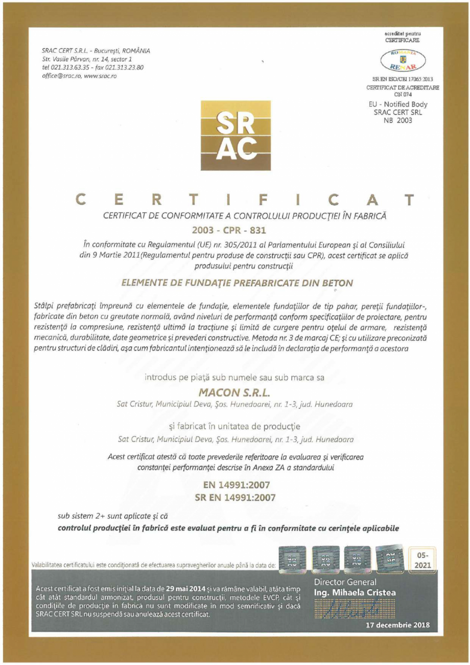 Pagina 1-Certificat CPF - Elemente de fundatie MACON Certificare produs Romana 