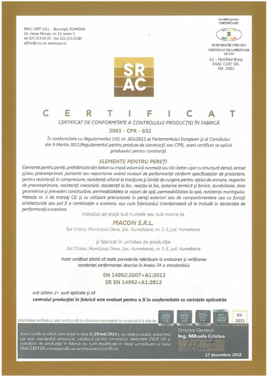 Pagina 1-Certificat CPF - Elemente pentru pereti MACON Certificare produs Romana 