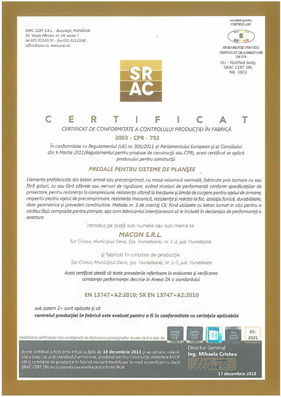 Pagina 1-Certificat CPF - Predale pentru sisteme de plansee MACON Certificare produs Romana 