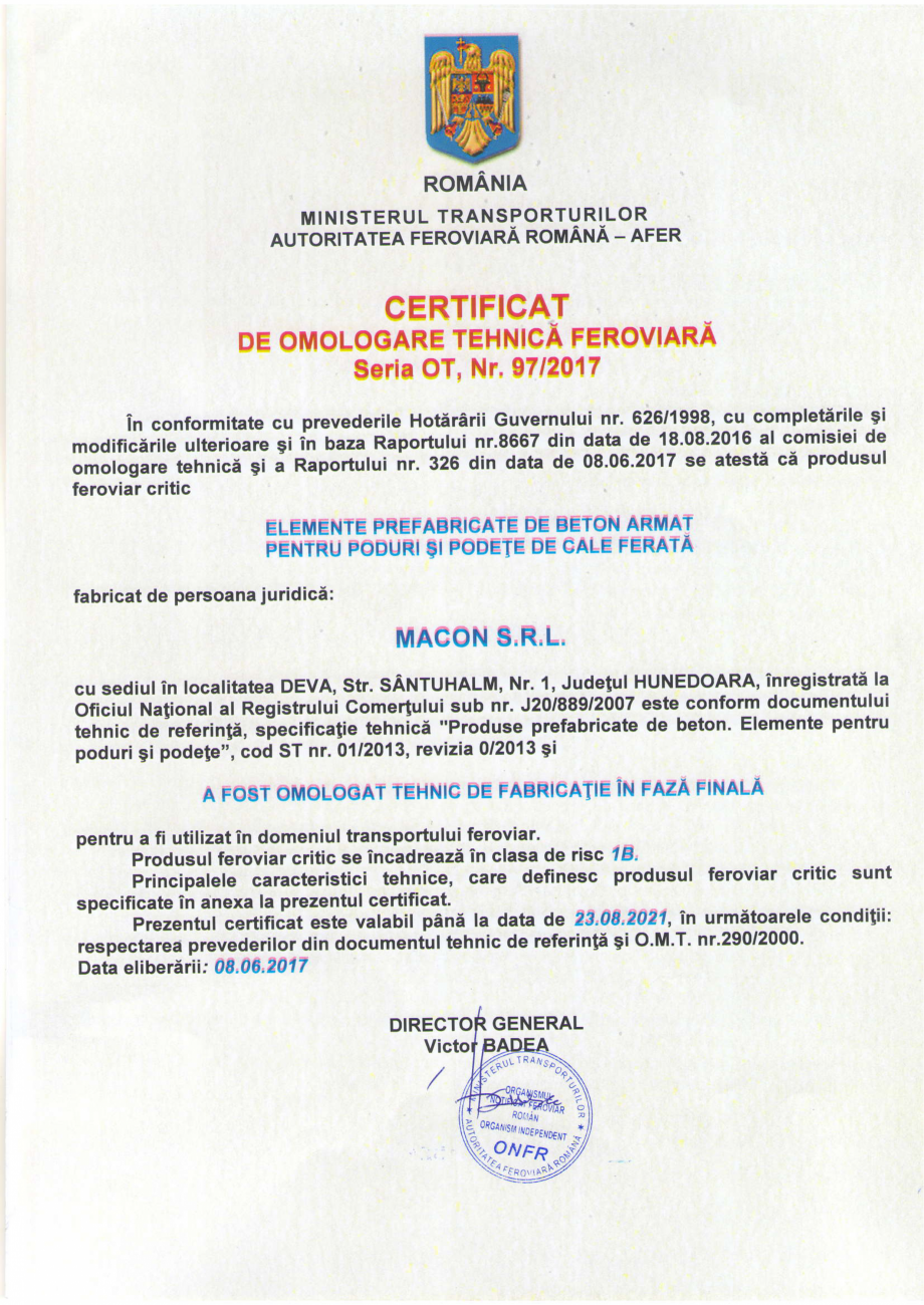 Pagina 1 - Certificat de omologare tehnica feroviara de fabricatie, eliberat de catre Autoritatea...
