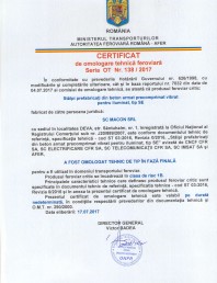 Certificat de omologare tehnica feroviara in faza finala emis de catre Autoritatea Feroviara Romana - AFER