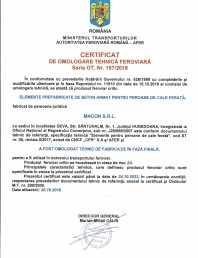 Certificat de omologare tehnica feroviara de fabricatie in faza finala eliberat de catre Autoritatea Feroviara Romana