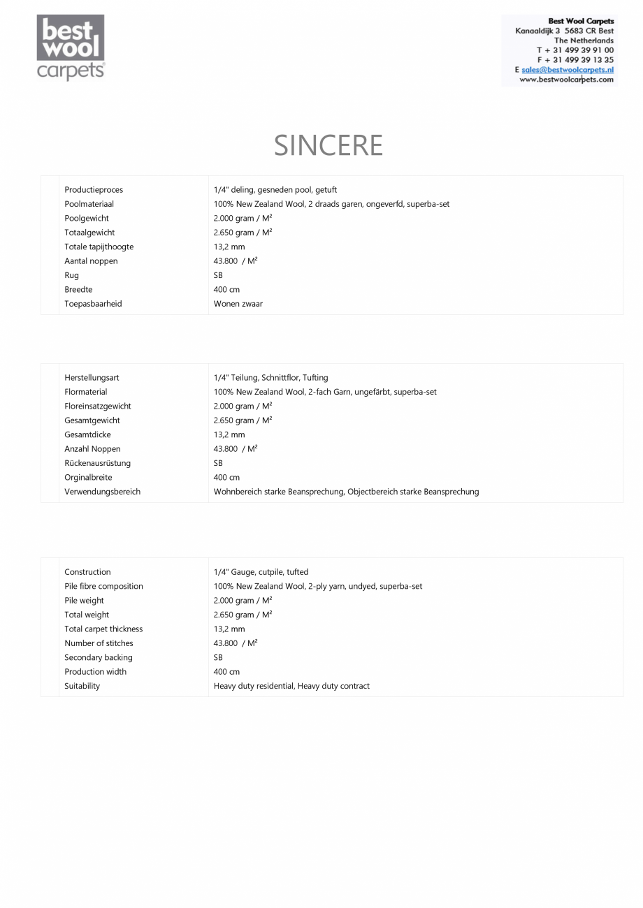 Pagina 1-Mocheta din lana Sincere BEST WOOL Pure New 2021 Fisa tehnica Germana SINCERE
Productieproces

1/4