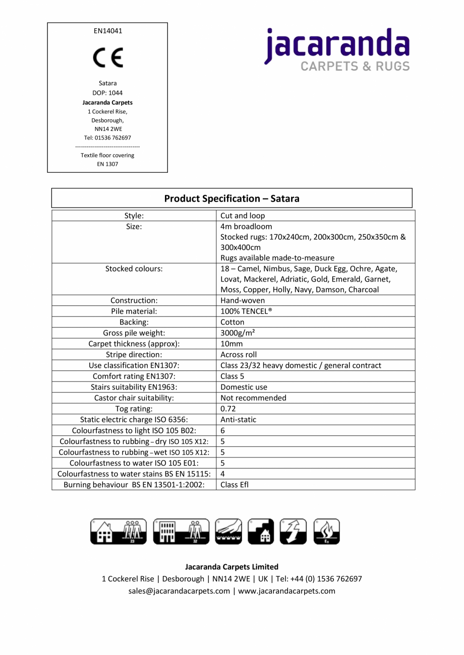 Pagina 1-Mocheta sau covor tesute manual  Jacaranda Satara, Satara - Jacaranda Fisa tehnica Engleza EN14041

...