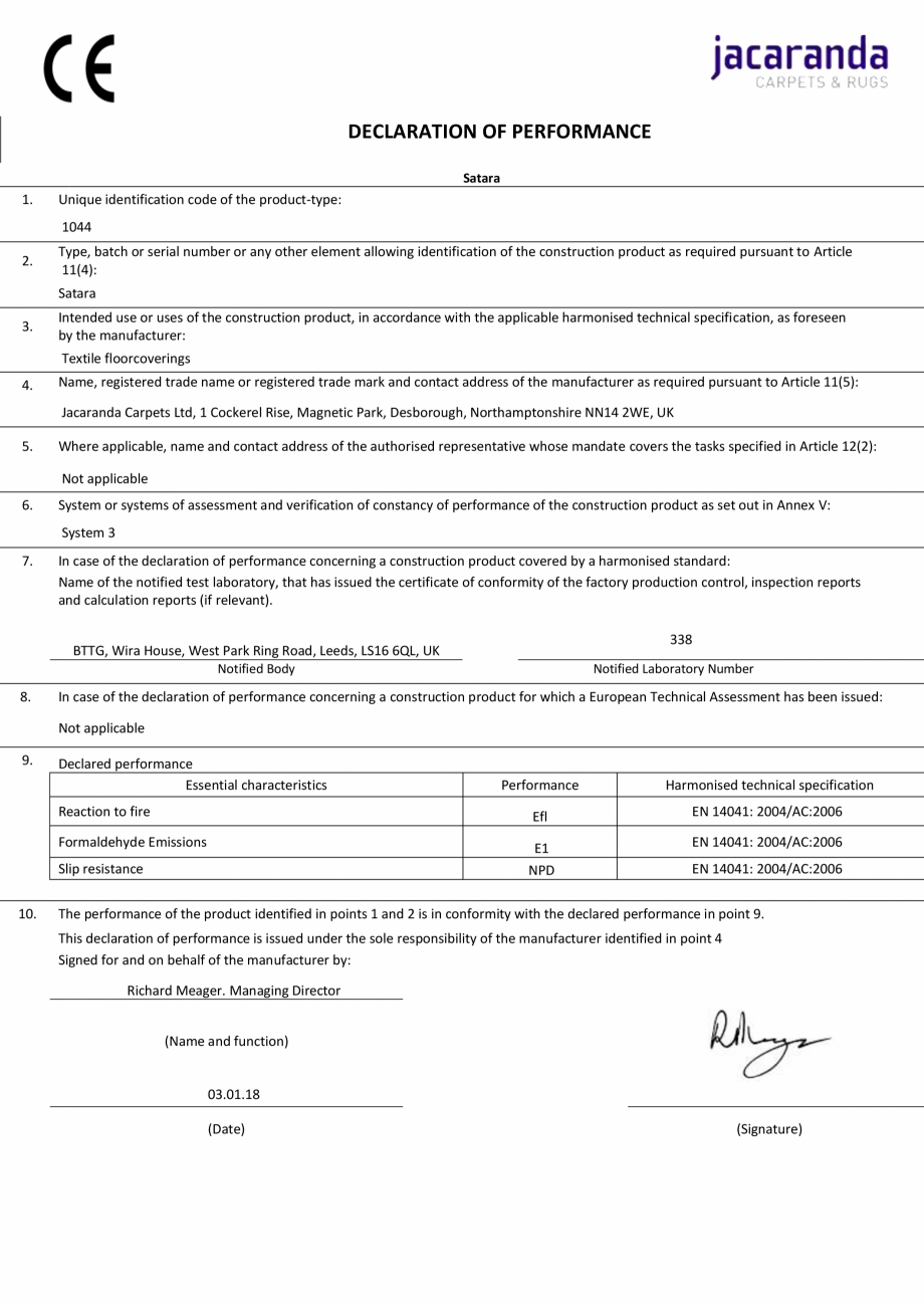 Pagina 1-Declaratie de performanta pentru mocheta sau covor tesute manual Jacaranda Satara, Satara -...