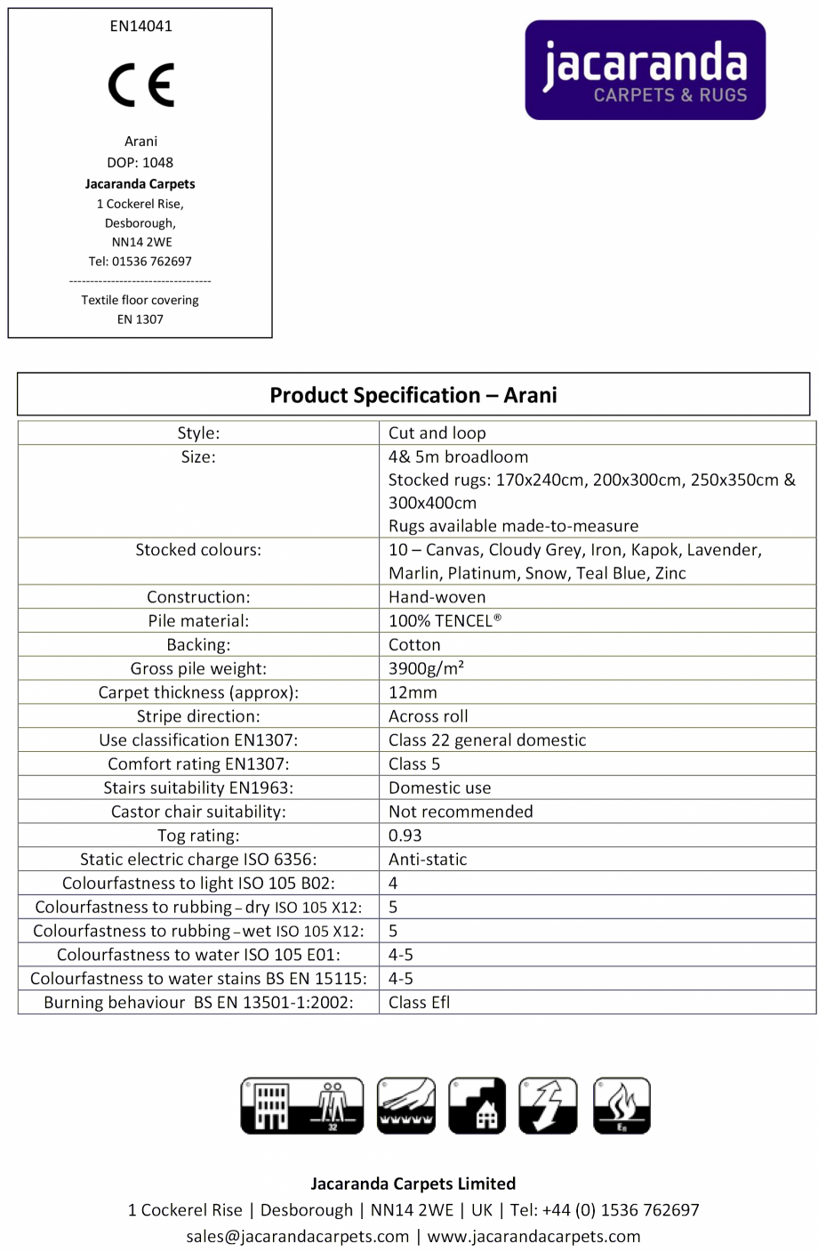 Pagina 1-Mocheta sau covor tesute manual Jacaranda Arani, Arani - Jacaranda Fisa tehnica Engleza 