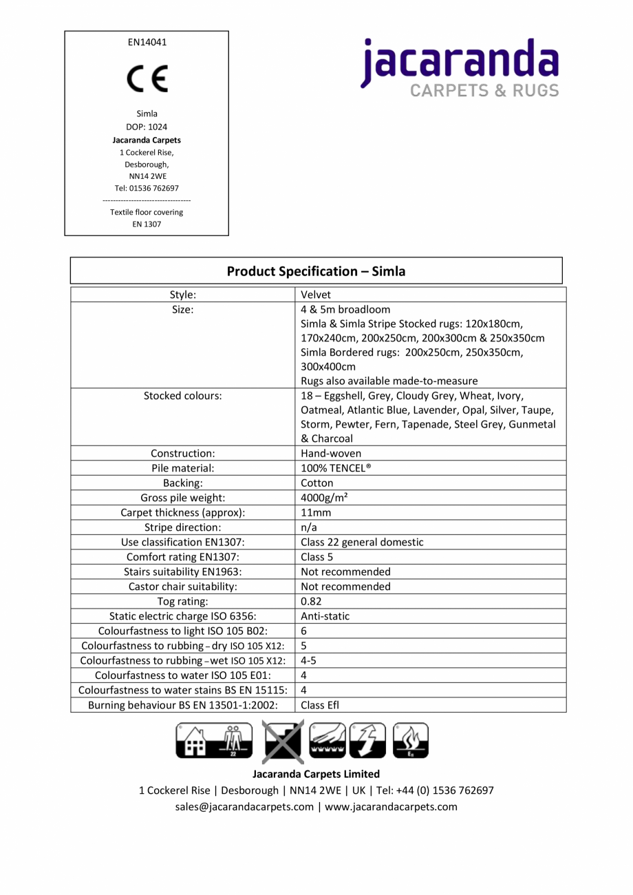Pagina 1 - Mocheta sau covor tesute manual Jacaranda Simla, Simla - Jacaranda Fisa tehnica Engleza...