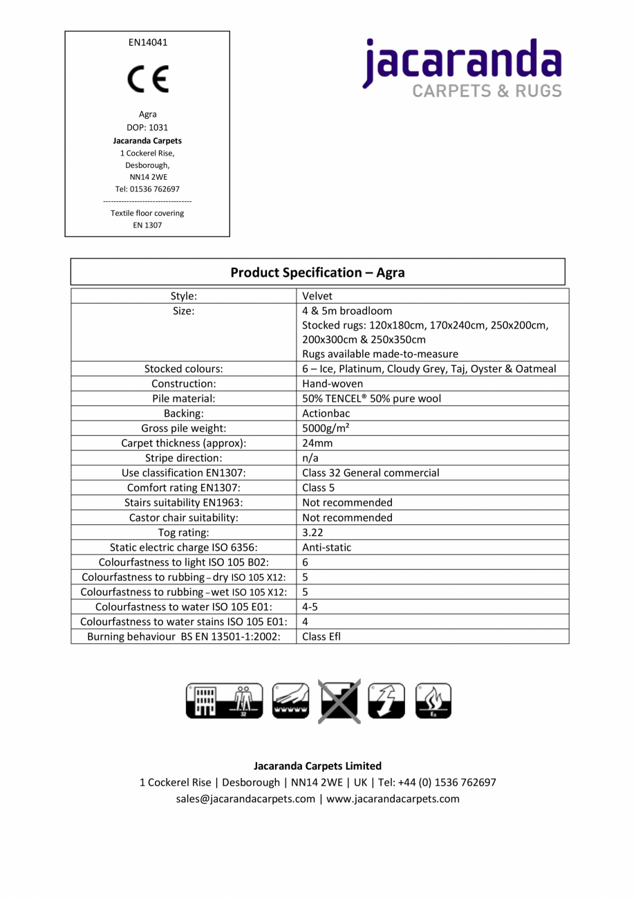 Pagina 1-Mocheta sau covor tesute manual Jacaranda Agra, Agra - Jacaranda Fisa tehnica Engleza EN14041

Agra
...