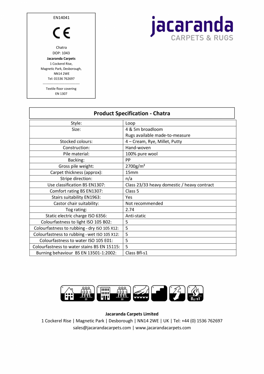 Pagina 1-Mocheta lana tesuta manual Jacaranda Chatra Fisa tehnica Engleza EN14041

Chatra
DOP: 1043
Jacaranda...