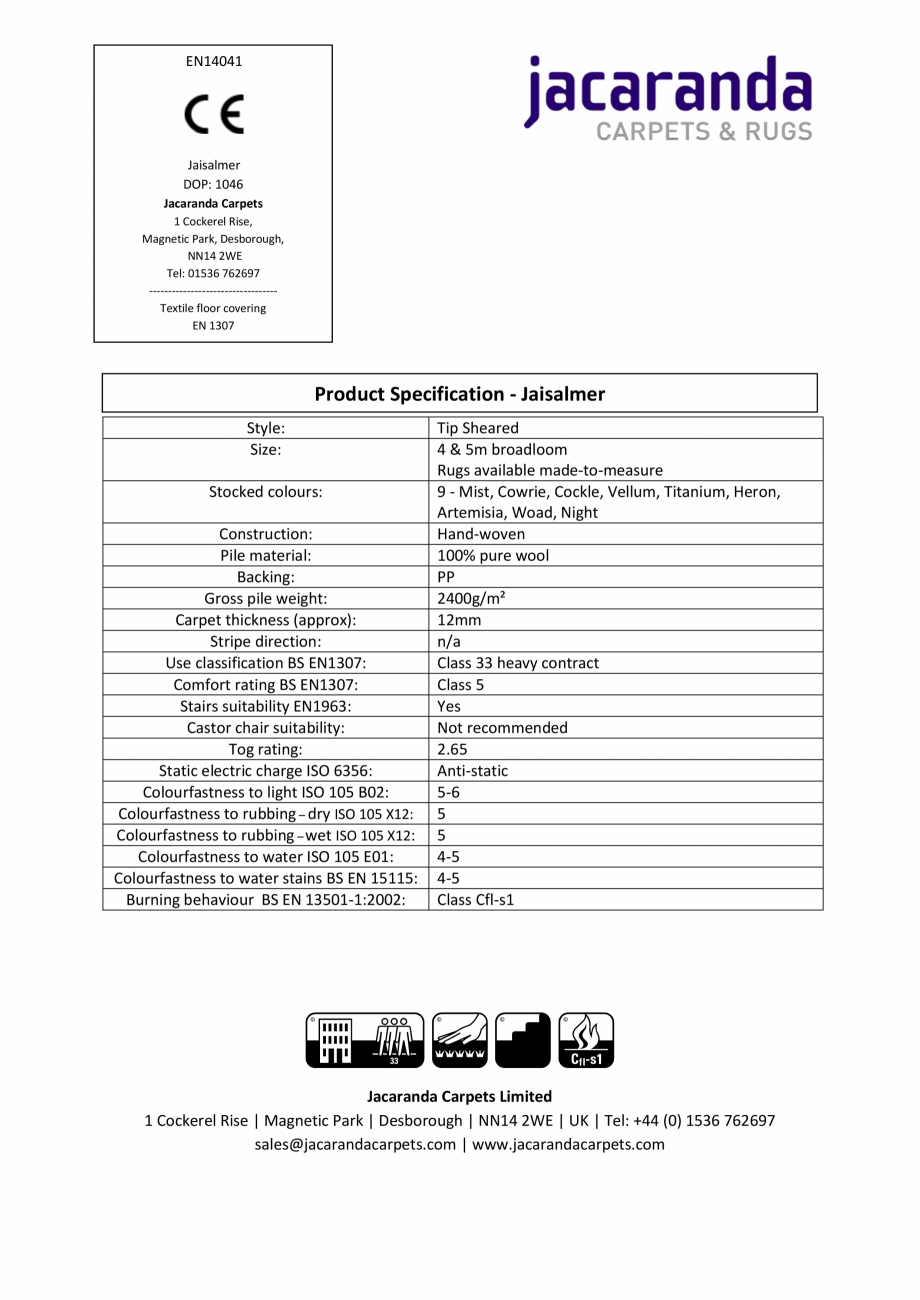 Pagina 1-Mocheta lana tesuta manual Jacaranda Jaisalmer Fisa tehnica Engleza EN14041

Jaisalmer
DOP: 1046...