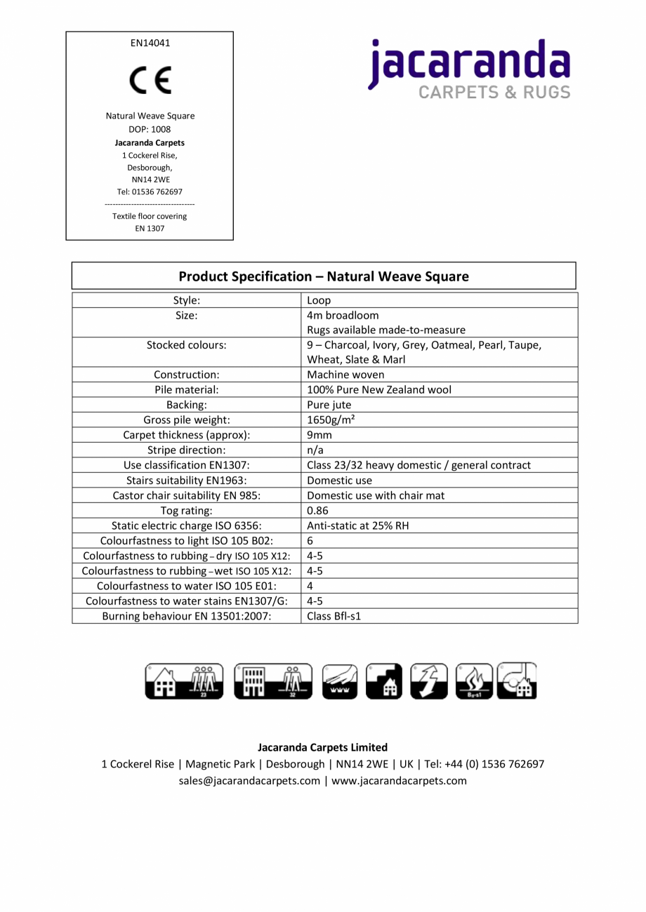 Pagina 1-Mocheta lana tesuta manual Jacaranda Natural Weave Square Fisa tehnica Engleza EN14041

Natural...