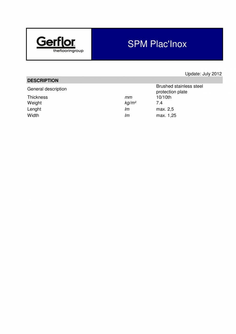 Pagina 1-Panou protectie perete   SPM INTERNATIONAL - GERFLOR GROUP Plac Inox Fisa tehnica Engleza SPM...