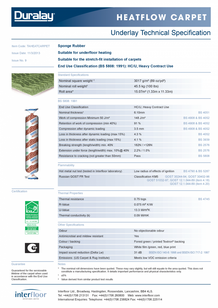 Pagina 1-Suport underlay mocheta - incalzire pardoseala  INTERFLOOR Heatflow Carpet Fisa tehnica Engleza H e ...