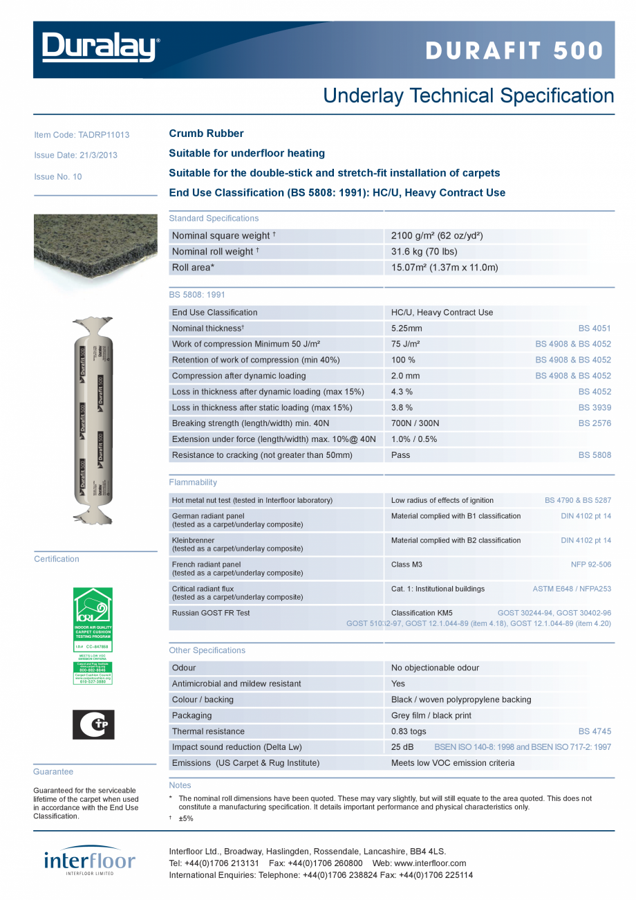 Pagina 1-Suport underlay pentru mocheta INTERFLOOR Durafit 500 Fisa tehnica Engleza Durafit 500
Underlay...