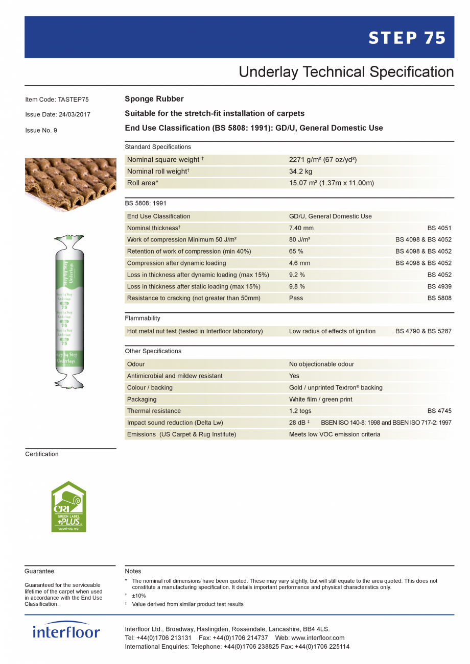 Pagina 1-Suport underlay pentru mocheta INTERFLOOR Step75 Fisa tehnica Engleza STEP 75
Underlay Technical...