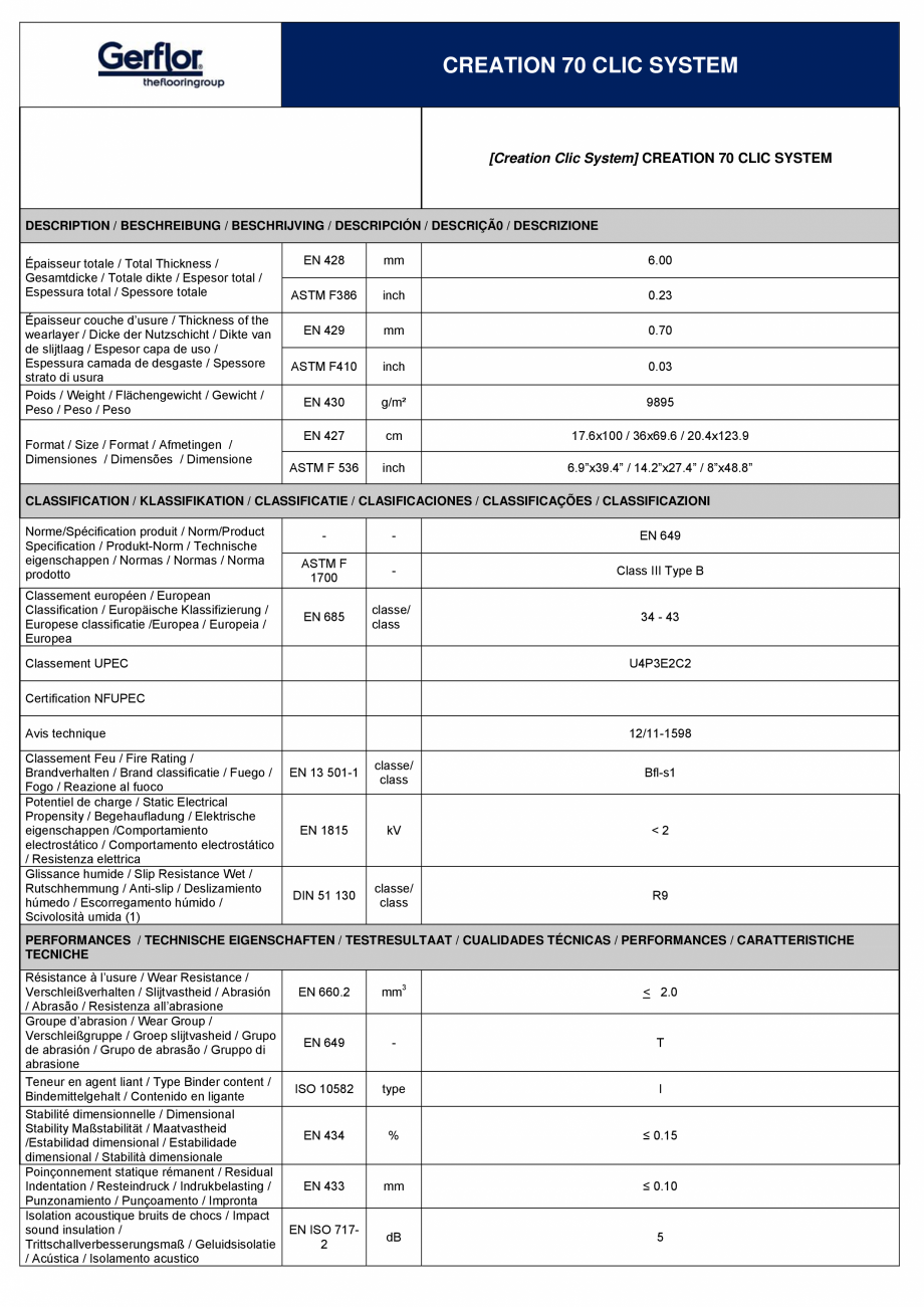 Pagina 1-Pardoseala PVC pentru amenajari de lux Gerflor Creation 70 Click System Fisa tehnica Engleza...