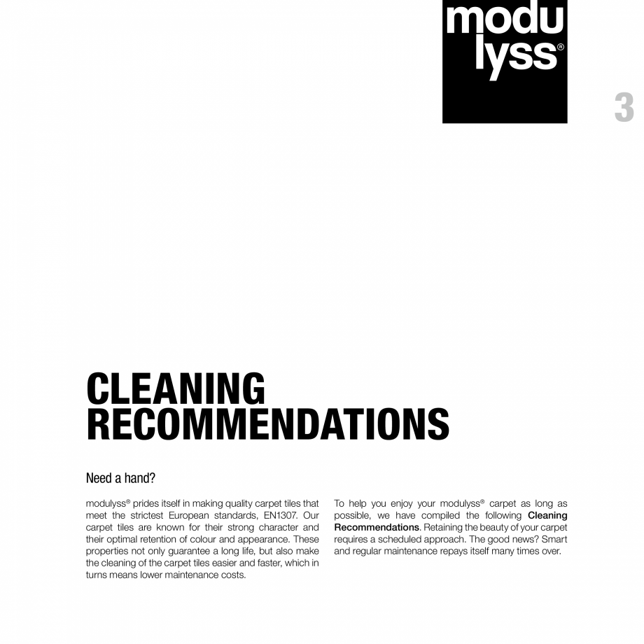 Pagina 3-Recomandari de curatare pentru mocheta modulara modulyss Instructiuni montaj, utilizare Engleza 3-5 ...