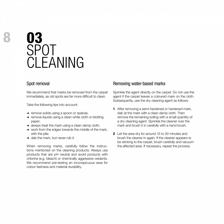 Pagina 8-Recomandari de curatare pentru mocheta modulara modulyss Instructiuni montaj, utilizare Engleza...