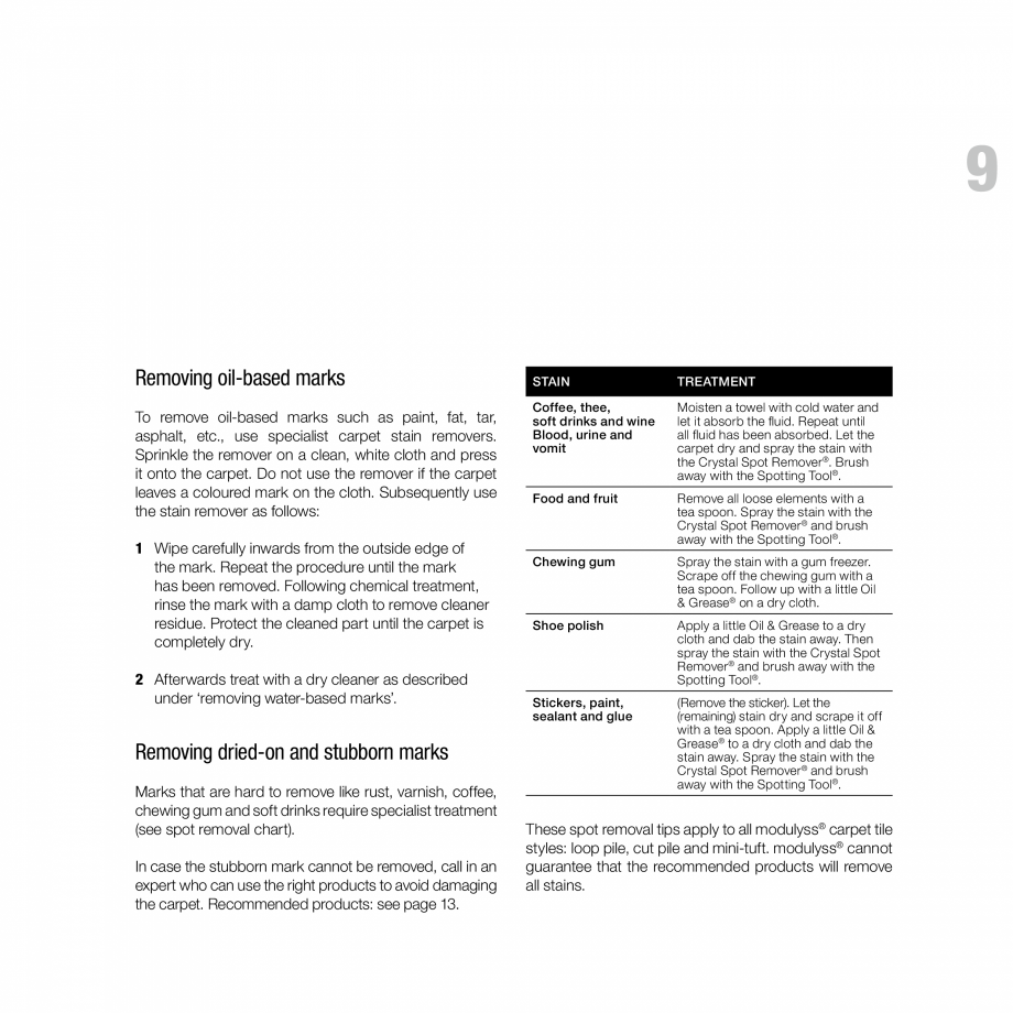 Pagina 9-Recomandari de curatare pentru mocheta modulara modulyss Instructiuni montaj, utilizare Engleza ;...