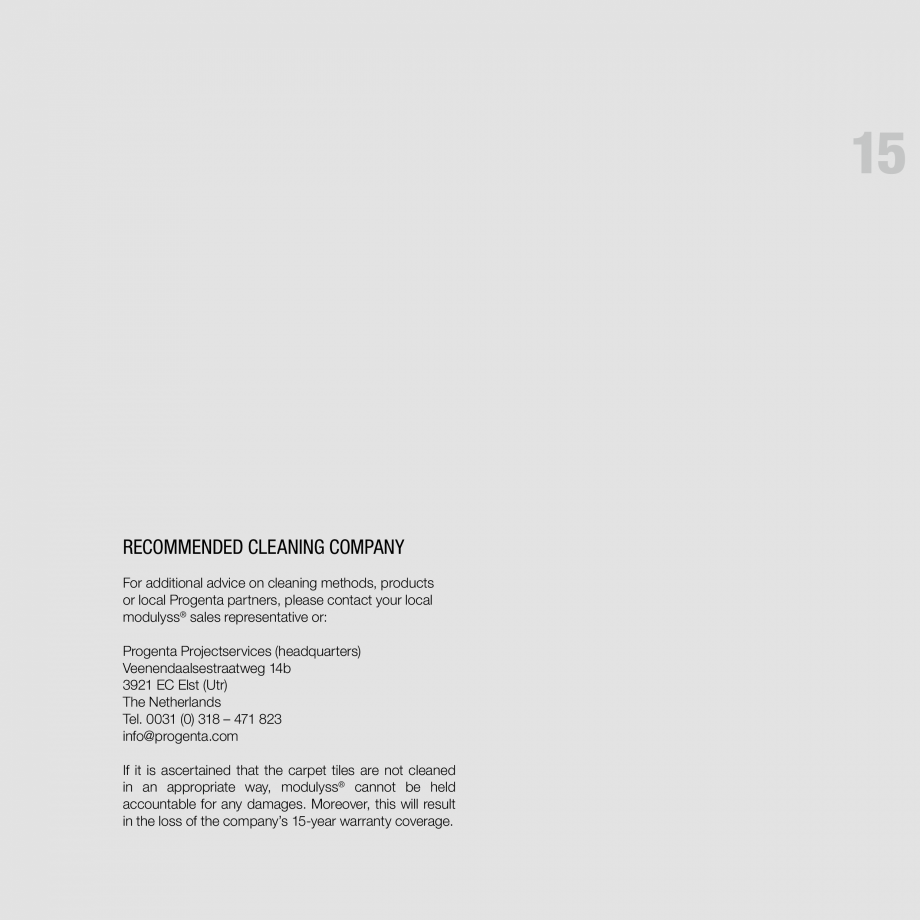 Pagina 15-Recomandari de curatare pentru mocheta modulara modulyss Instructiuni montaj, utilizare Engleza 