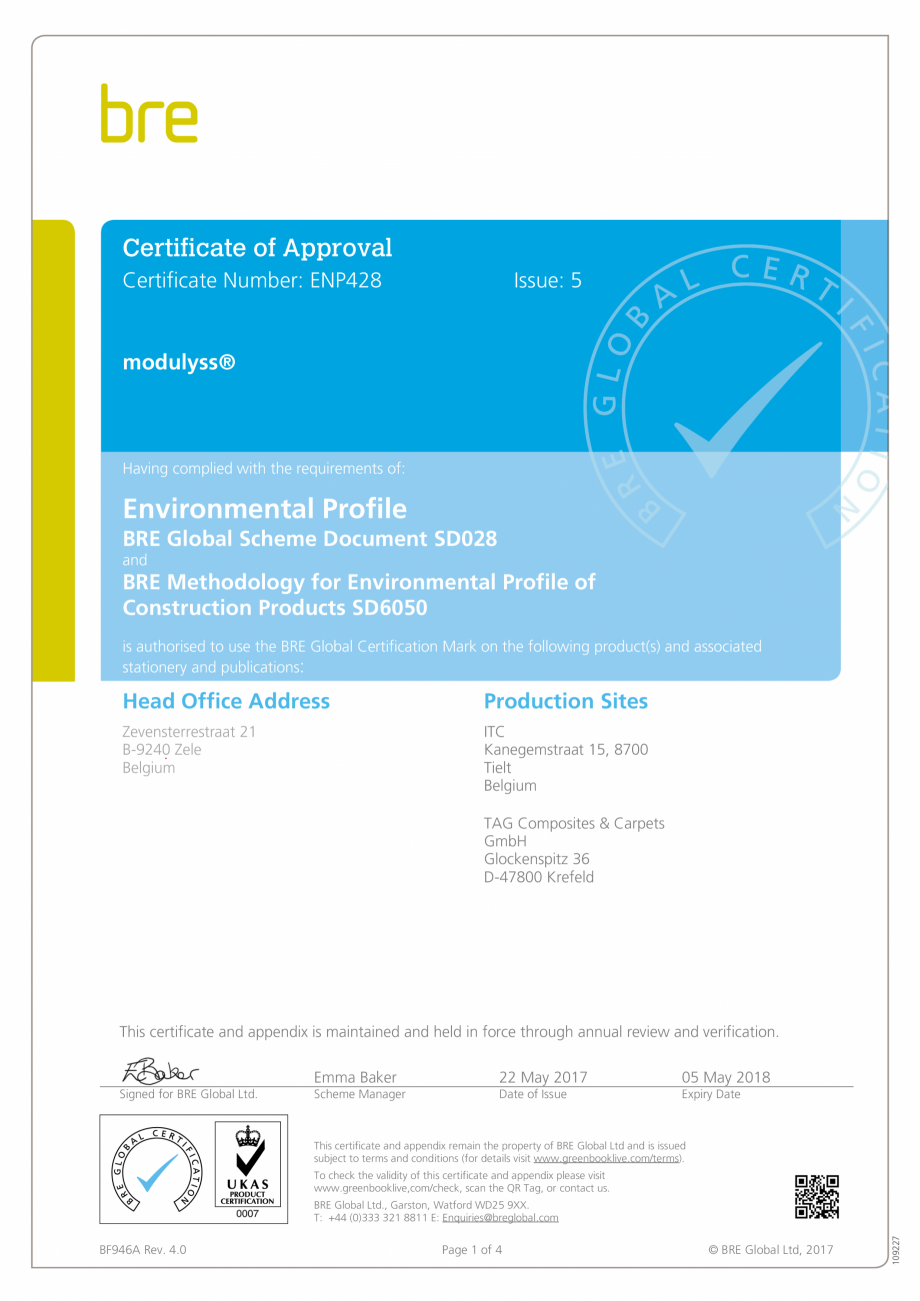 Pagina 1-Certificat pentru mocheta dale - nr. ENP428  modulyss Certificare produs Engleza Certificate of...