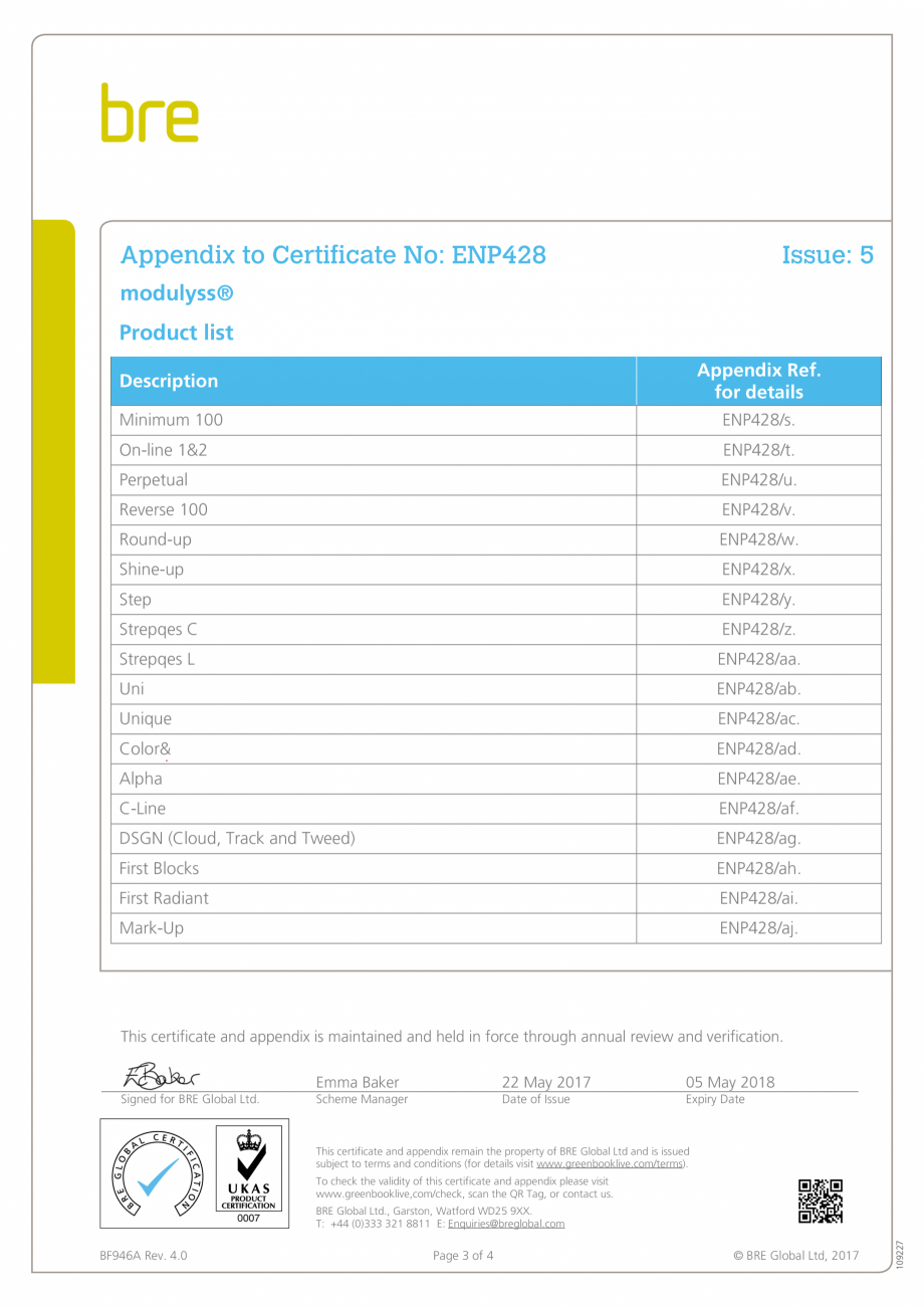 Pagina 3-Certificat pentru mocheta dale - nr. ENP428  modulyss Certificare produs Engleza of BRE Global Ltd...