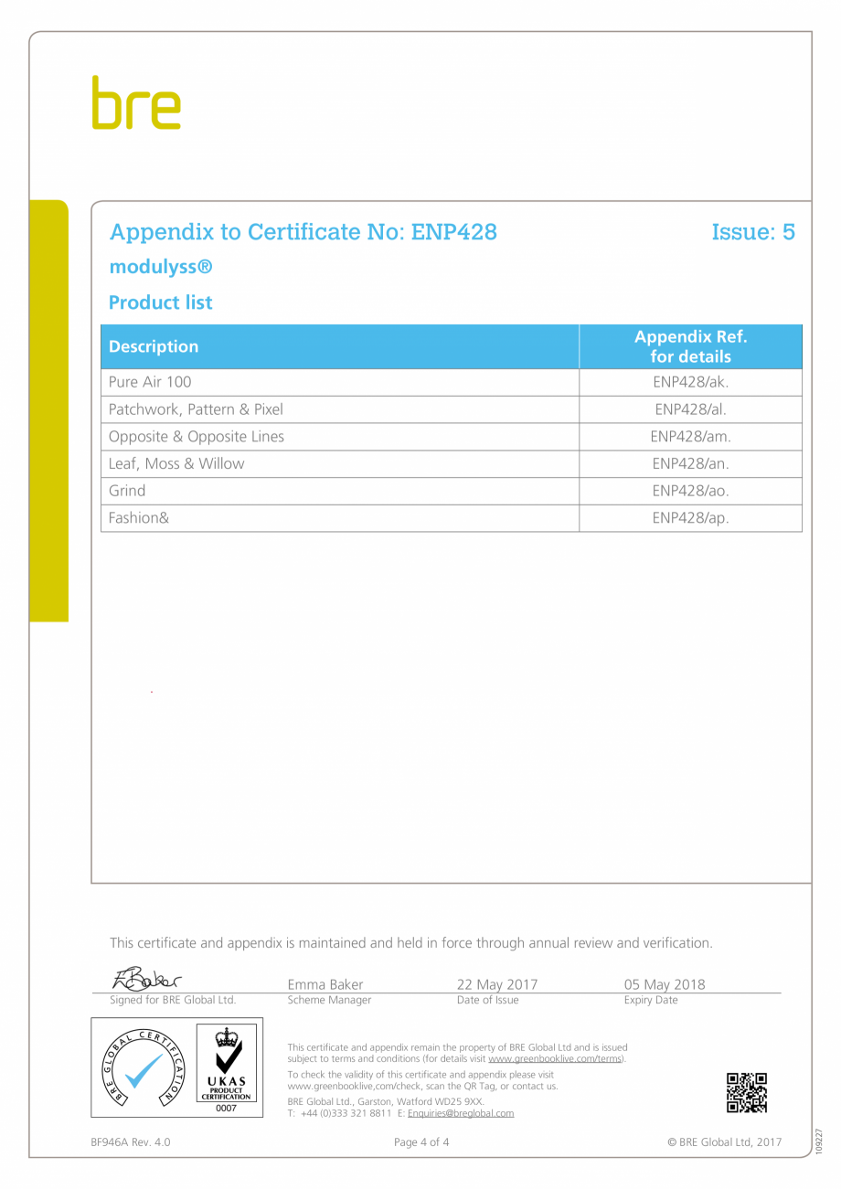 Pagina 4-Certificat pentru mocheta dale - nr. ENP428  modulyss Certificare produs Engleza and verification.

...