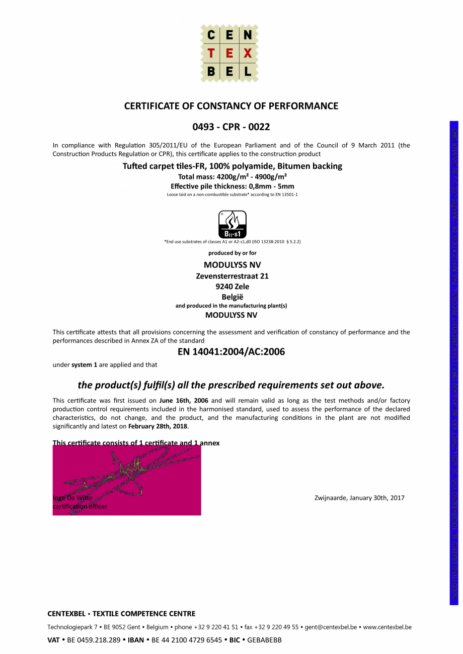 Pagina 10-Certificat pentru mocheta dale - nr. ENP428  modulyss Certificare produs Engleza  polyamide, bitumen...