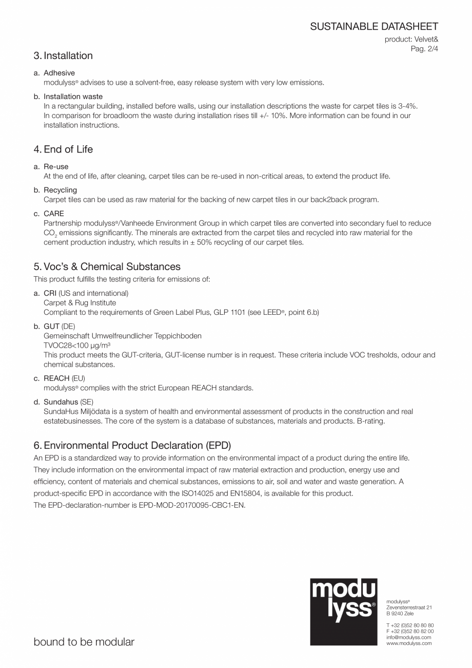 Pagina 2-Mocheta dale modulyss Velvet | Modulyss 49 Fisa tehnica Engleza  ISO-9001 certified...