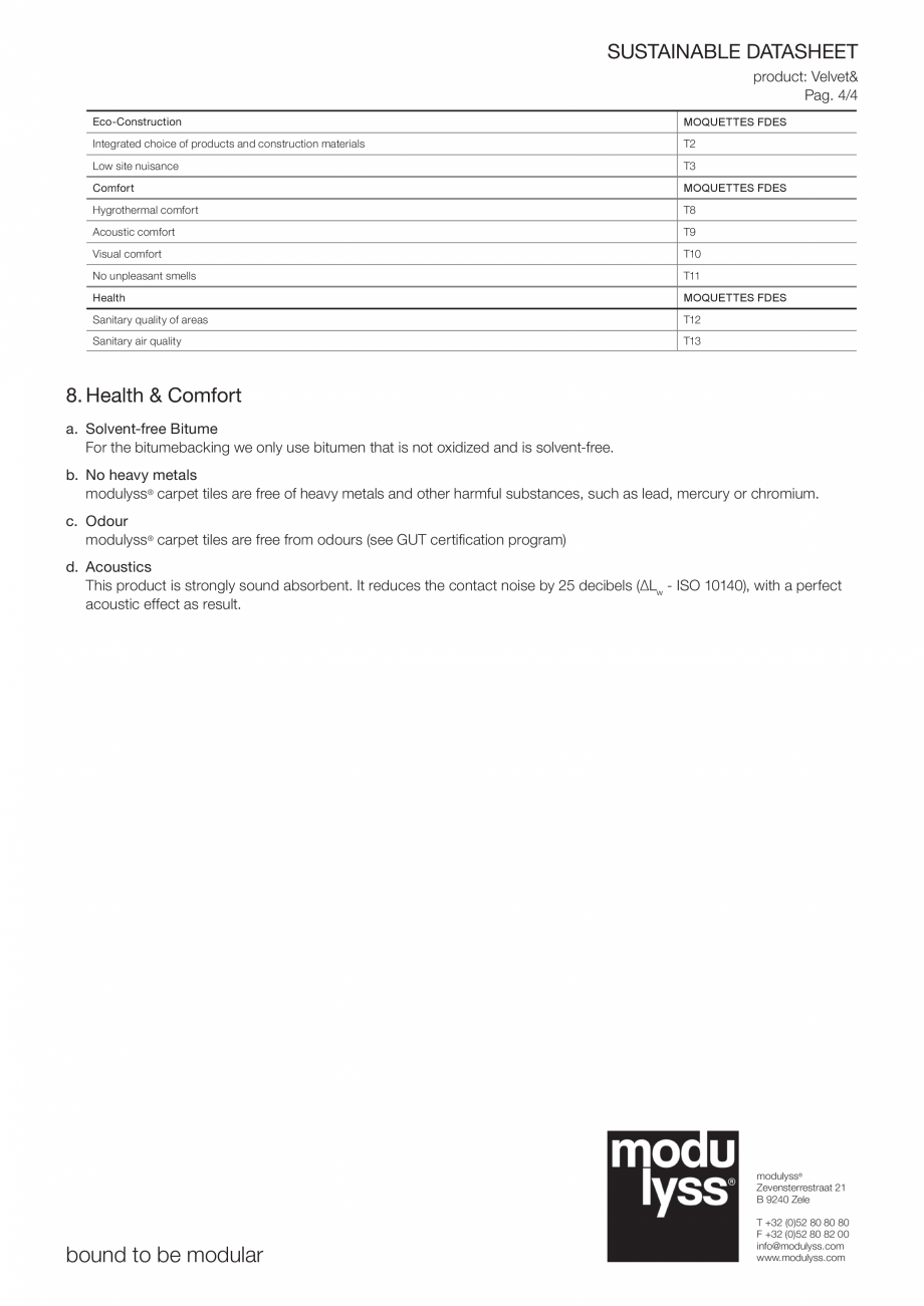 Pagina 4-Mocheta dale modulyss Velvet | Modulyss 49 Fisa tehnica Engleza emissions of:
a.	CRI (US and...