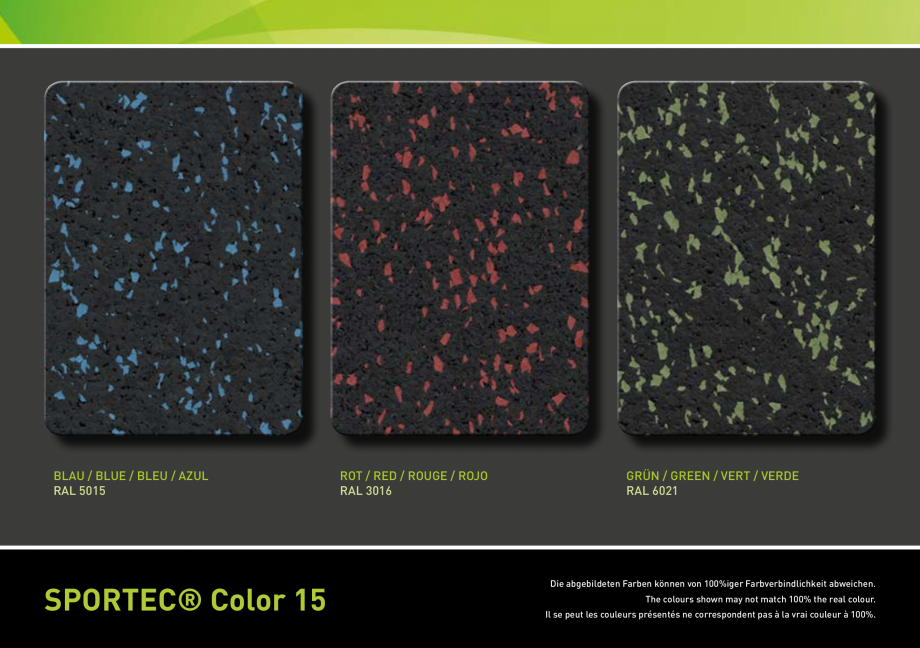 Pagina 2-Pardoseli din cauciuc - palertar culori Sportec Sportec Color 15 Fisa tehnica Engleza L 2008
...