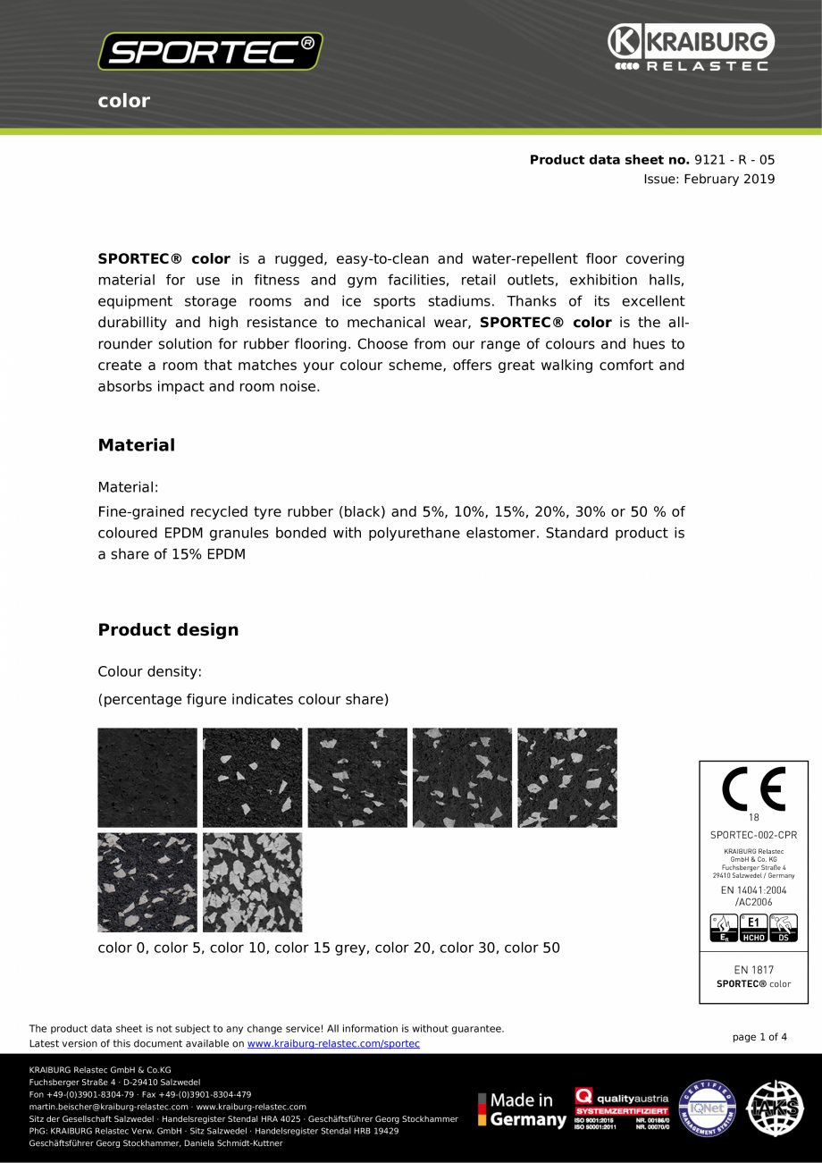 Pagina 1 - Pardoseli din cauciuc Sportec Sportec Color 15 Fisa tehnica Engleza color
Product data...