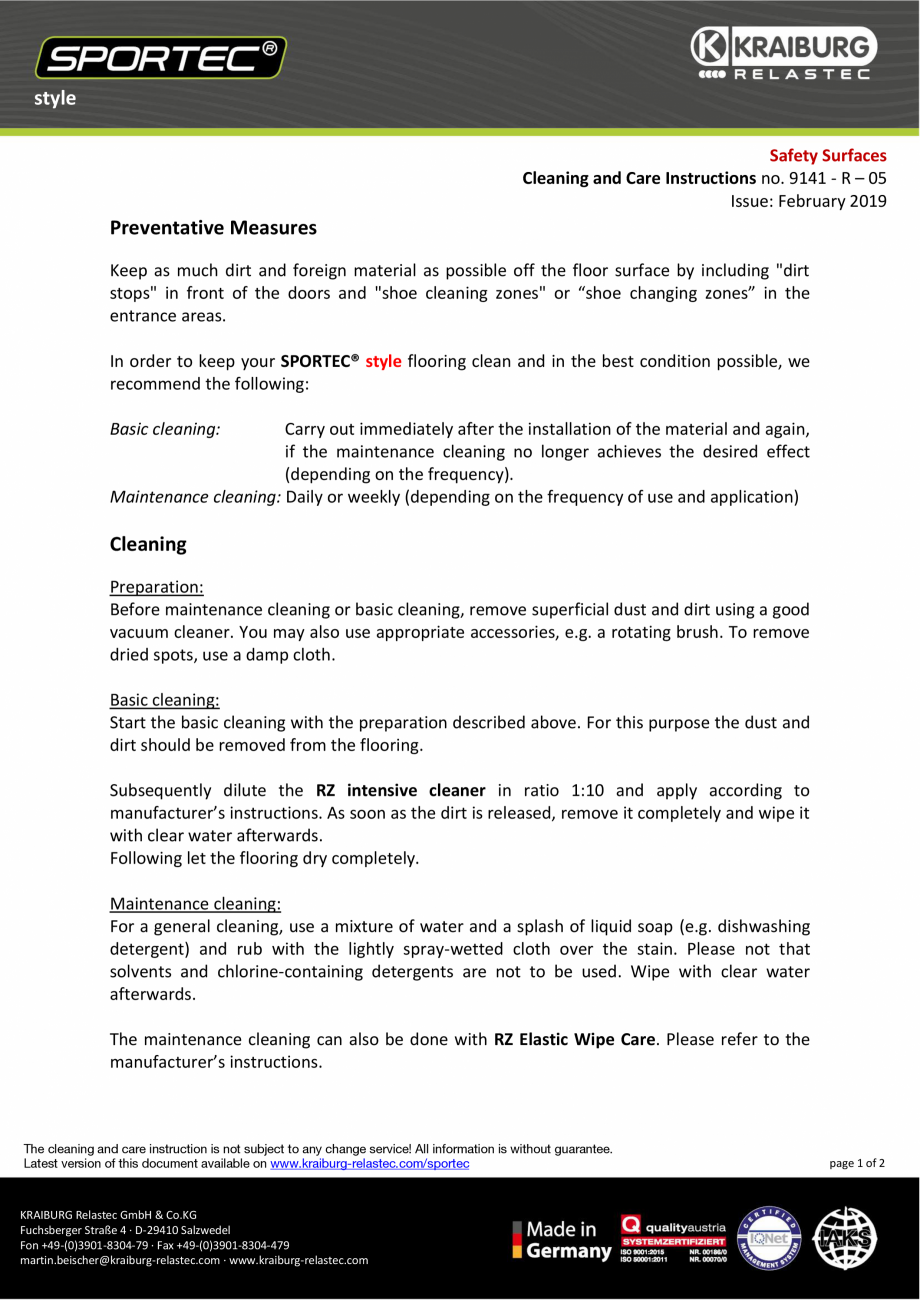 Pagina 1- Instructiuni de curatare si ingrijire pentru dalele din cauciuc  Sportec Sportec Style Instructiuni...