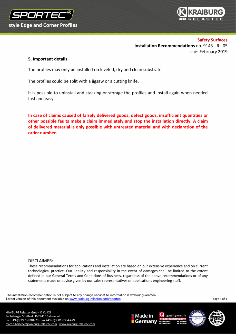 Pagina 3-Recomandari de instalare pentru dalele din cauciuc - nr 9143 Sportec Sportec Style Instructiuni...