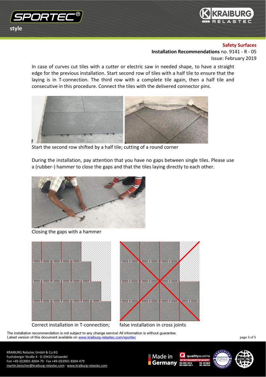 Pagina 3-Recomandari de instalare pentru dalele din cauciuc - nr 9141 Sportec Sportec Style Instructiuni...