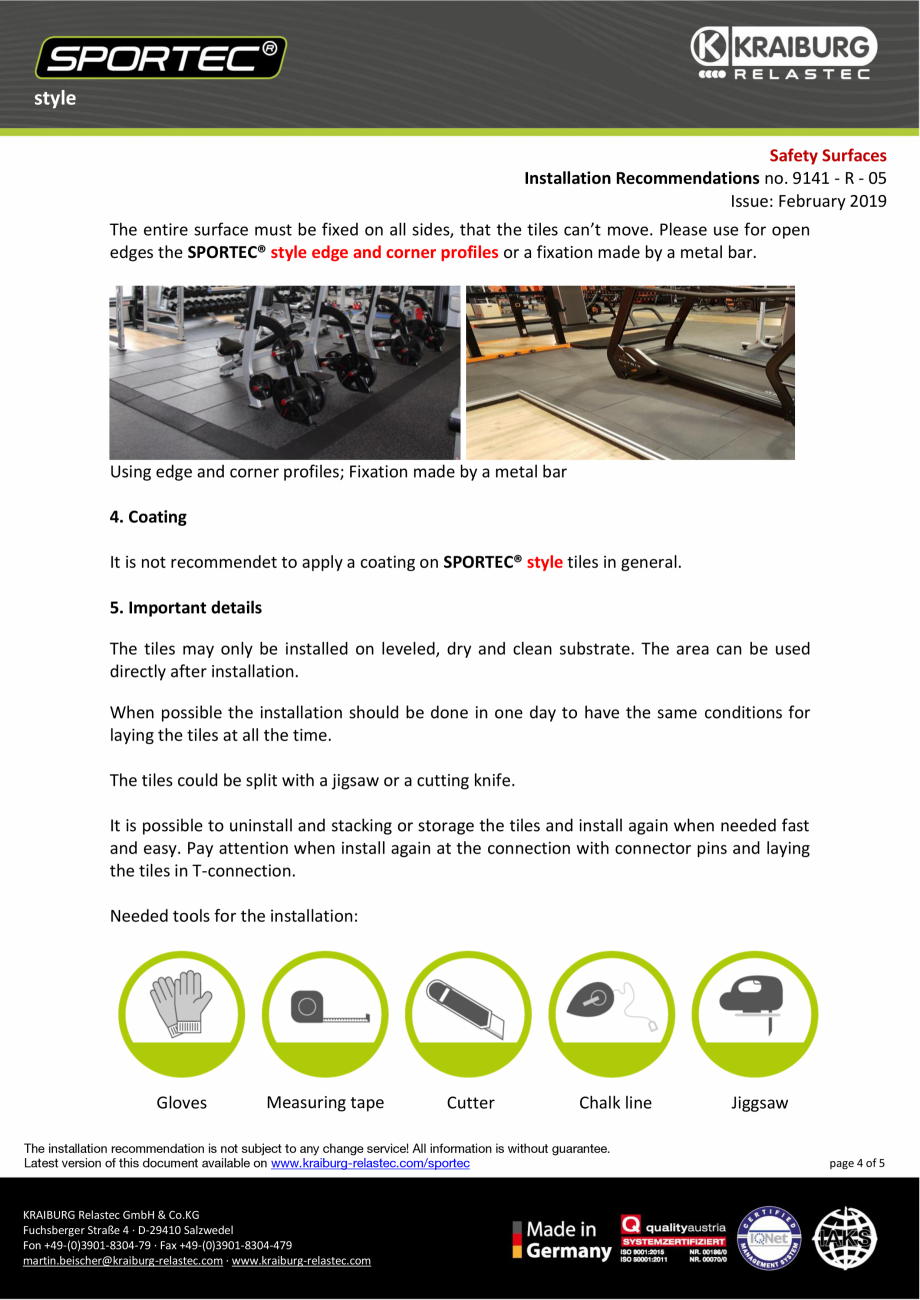 Pagina 4-Recomandari de instalare pentru dalele din cauciuc - nr 9141 Sportec Sportec Style Instructiuni...