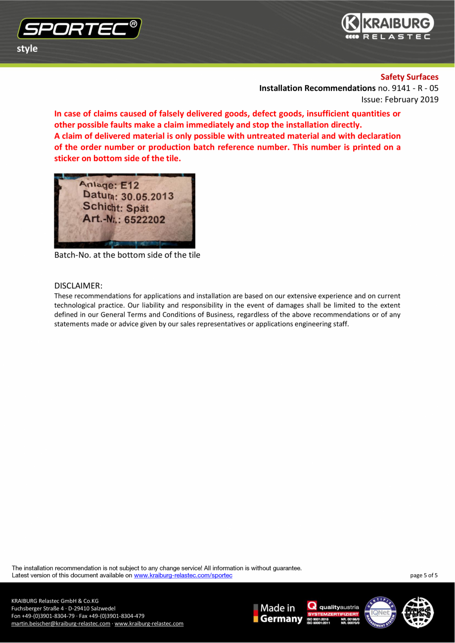 Pagina 5-Recomandari de instalare pentru dalele din cauciuc - nr 9141 Sportec Sportec Style Instructiuni...