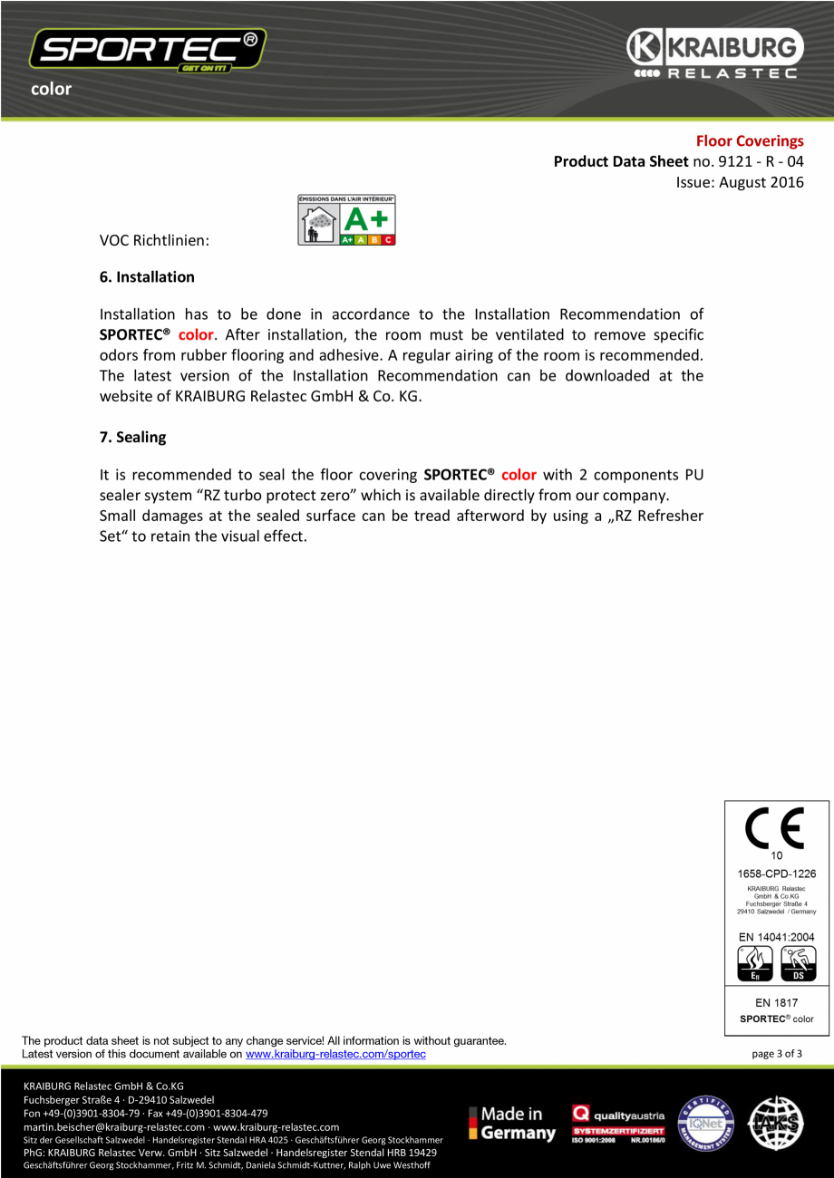 Pagina 3-Pardoseli din cauciuc  Sportec Sportec Color Fisa tehnica Engleza  / for color 15%
6 mm* ( 0.3...