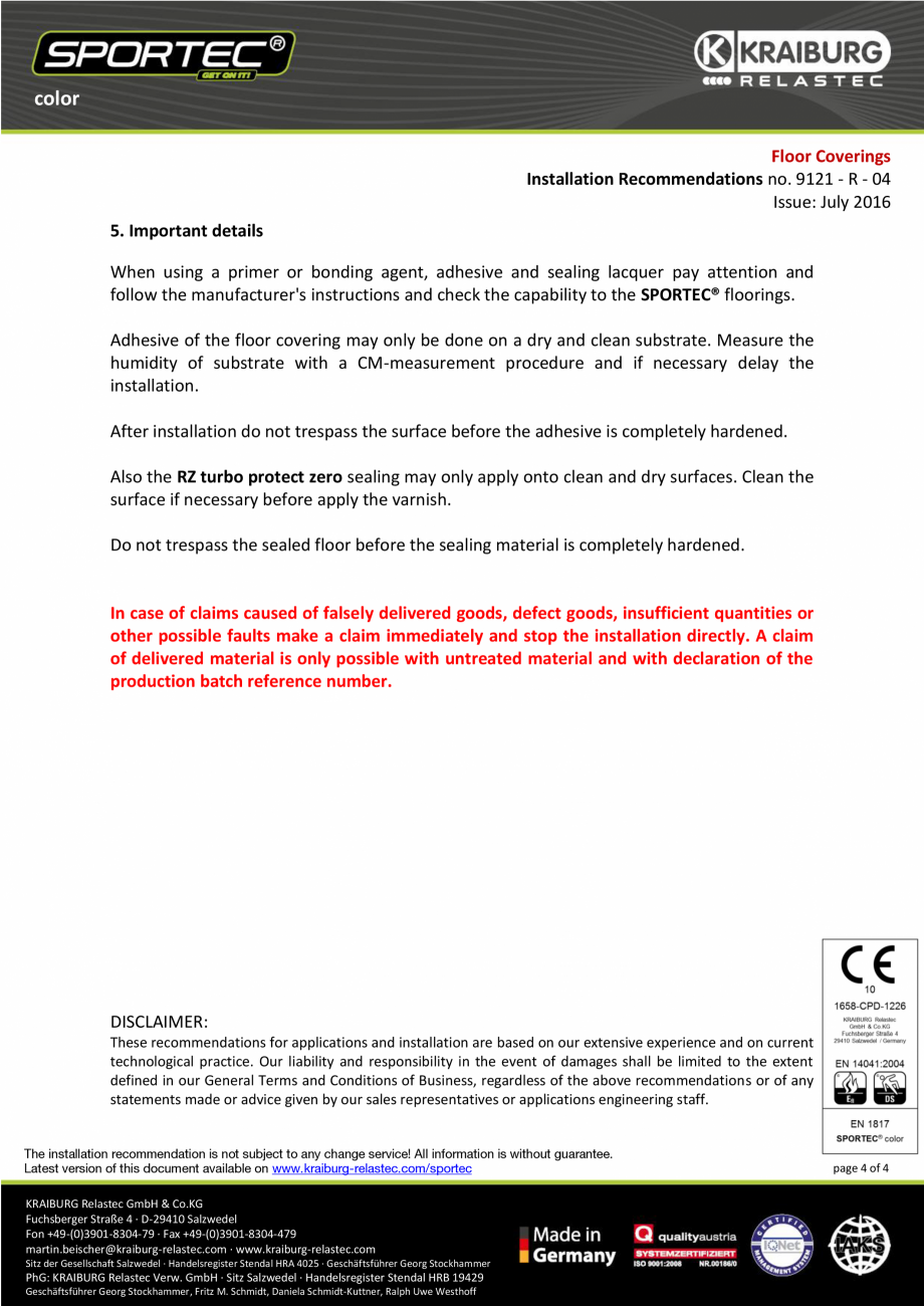 Pagina 4-Recomandari de instalare pentru pardoseli din cauciuc  Sportec Sportec Color Instructiuni montaj,...
