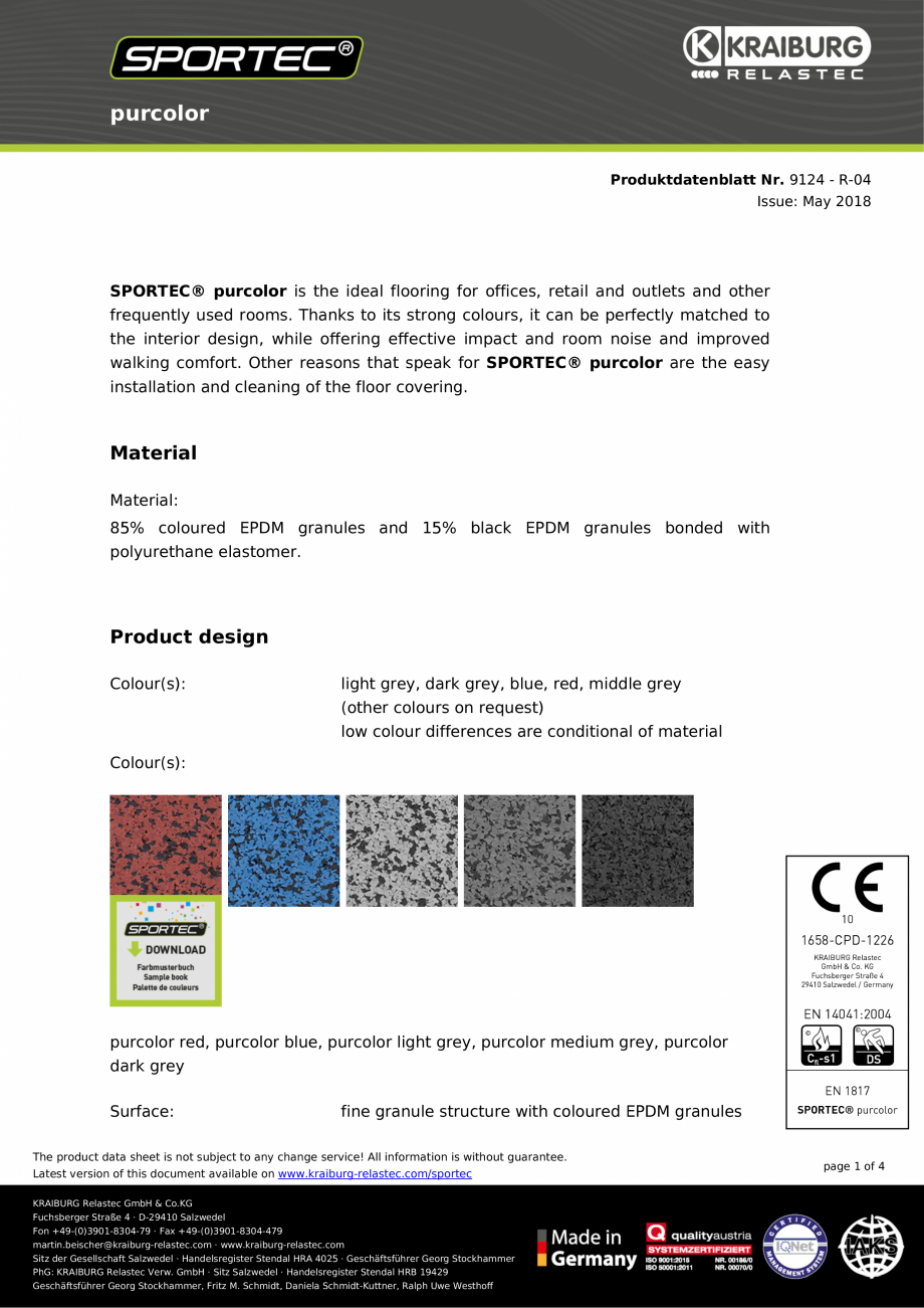 Pagina 1-Pardoseli din cauciuc Sportec Sportec PurColor Fisa tehnica Engleza purcolor
Produktdatenblatt Nr....