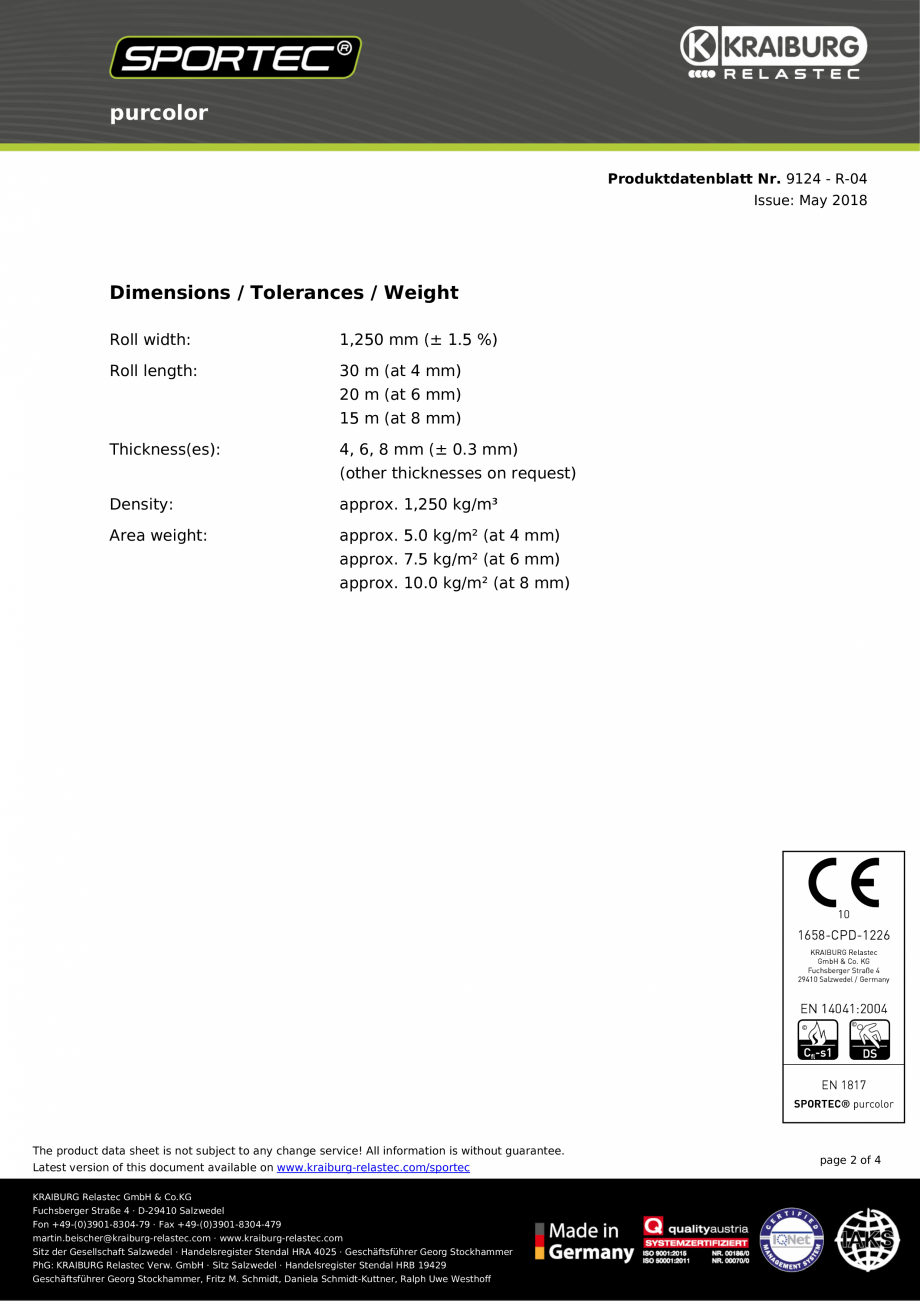 Pagina 2-Pardoseli din cauciuc Sportec Sportec PurColor Fisa tehnica Engleza able on www.kraiburg-relastec...