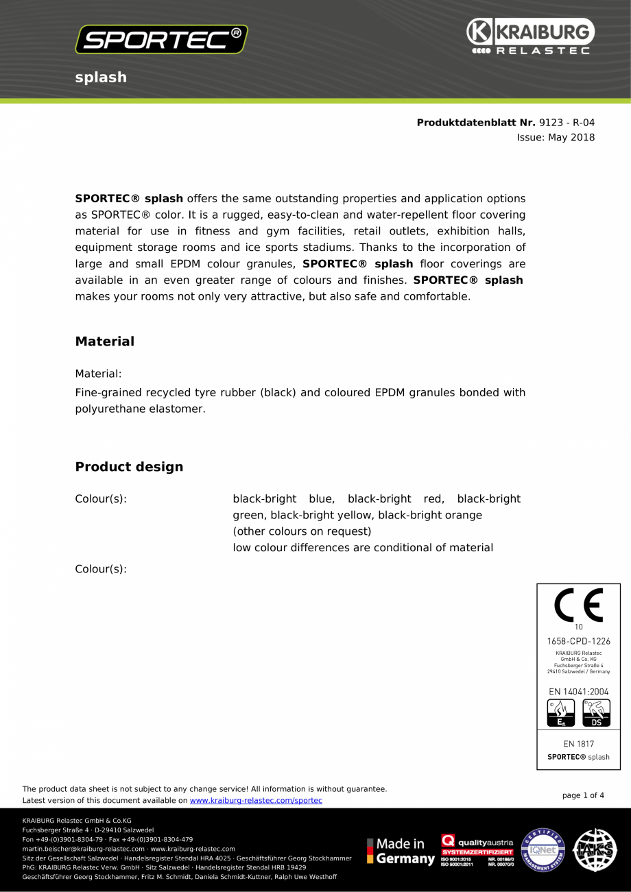 Pagina 1-Pardoseli din cauciuc - nr 9123 Sportec Sportec Splash si Giga Fisa tehnica Engleza splash...