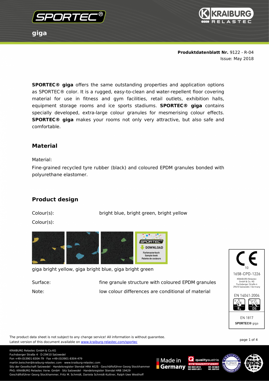 Pagina 1-Pardoseli din cauciuc - nr 9122  Sportec Sportec Splash si Giga Fisa tehnica Engleza giga...